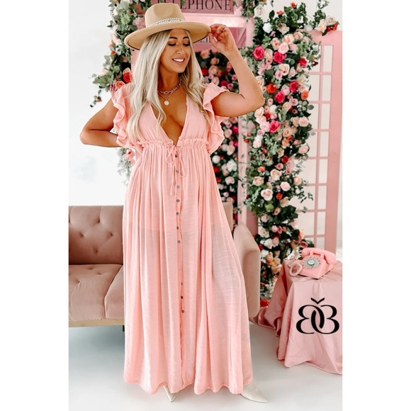 Peach Love Pink Peach Deep V Button Front Maxi Dress - Picture 4 of 10